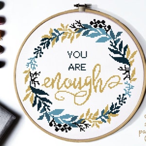 Quote Modern Cross Stitch Pattern, flower wreath counted cross stitch chart, nature,  hoop embroidery, Instant download PDF