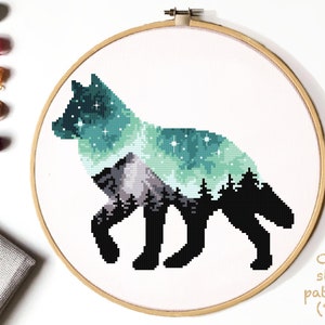 Wolf Kreuzstich Anleitung, Kreuzstichmuster Wald, Berge, Wald, Natur, Stickbild, Stickmuster, sofort PDF