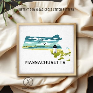 Massachusetts Cross Stitch Pattern, State Map, New England Home Decor (Digital Download)