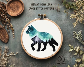 Wolf Cross Stitch Pattern, Northern Lights Landscape, DIY Embroidery Design (PDF Pattern Download)