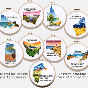Australia States and Territories Landscape Modern Cross Stitch Pattern, nature counted cross stitch, ocean,  hoop art, instant download PDF