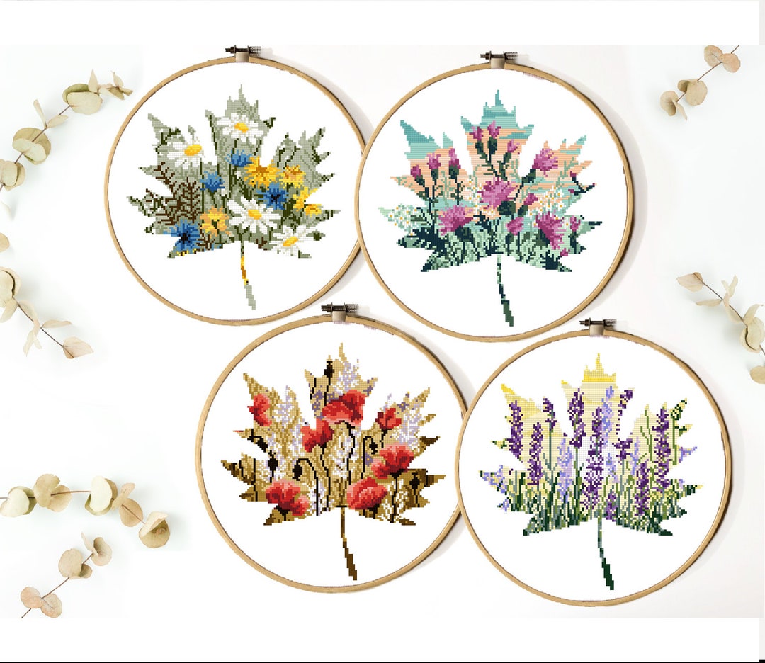 Set of 4 Flowers Leaves Modern Cross Stitch Pattern, Nature, Instant ...