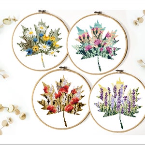 Set van 4 bloemenbladeren modern kruissteekpatroon, natuur, pdf-bestand direct te downloaden