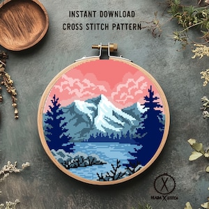 Berglandschaft Kreuzstichmuster, Moderne Pixel Art, Stickdatei DIY Stickmuster (Digitaler Download)