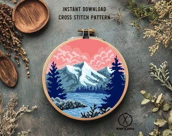 Mountain Landscape Cross Stitch Pattern, Modern Pixel Art, DIY Embroidery Design (Digital Download)