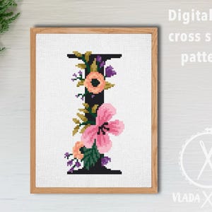 Buchstabe I Blumen modernes Kreuzstichmuster, Blume Kreuzstichmuster, botanische, Natur, Stickrahmen, sofortiger Download PDF