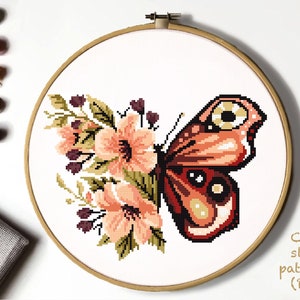 Bloemenvlinder Modern Cross Stitch Patroon, bloemen geteld kruissteekdiagram, insecten, natuur, hoepel, Instant download PDF