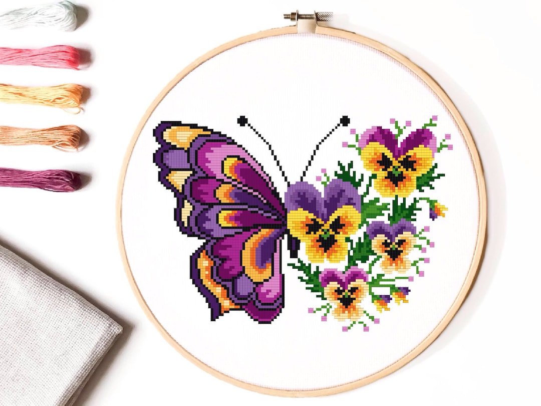 Floral Butterfly Modern Cross Stitch Pattern, Flower Counted Cross Stitch Chart, Nature, Hoop