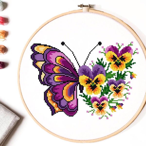 Floral butterfly Modern Cross Stitch Pattern, flower counted cross stitch chart, nature, hoop embroidery, Instant download PDF