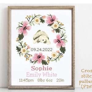 Patrón de punto de cruz moderno para anuncio de nacimiento, bebé, personalizado, decoración de guardería para niño y niña, contado, gráfico, regalo DIY, PDF digital
