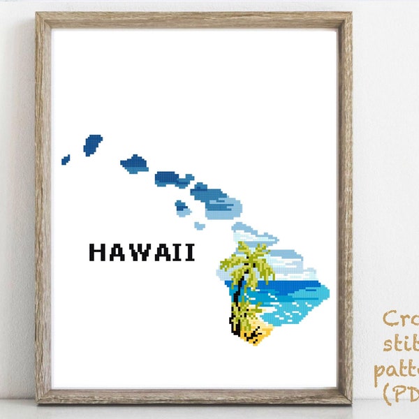 Hawaii US state Modern Cross Stitch Pattern, nature easy counted cross stitch chart, ocean, sea, palm,  hoop art, instant download PDF