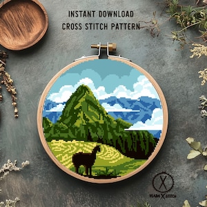 Peru Modern Cross Stitch Pattern, Latin America counted cross stitch chart, landscape, Machu Picchu, inca city, Andes mountains, instant PDF