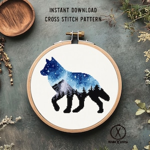 Wolf Cross Stitch Pattern, Galaxy Landscape, Modern Embroidery Design (PDF Pattern Download)