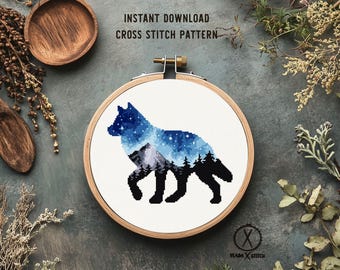 Wolf Cross Stitch Pattern, Galaxy Landscape, Modern Embroidery Design (PDF Pattern Download)