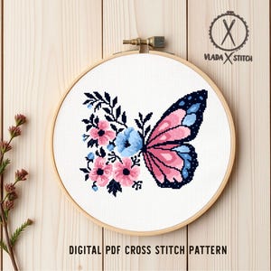 Butterfly and Flowers Cross Stitch Pattern, Modern Floral Embroidery Design (PDF Download) image 4