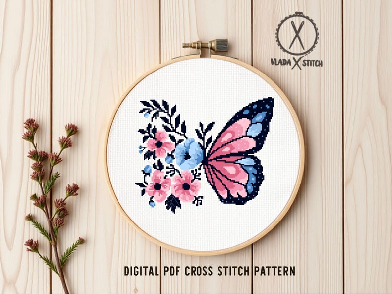 Butterfly and Flowers Cross Stitch Pattern, Modern Floral Embroidery Design (PDF Download) image 4
