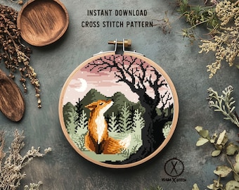 Fox Cross Stitch Pattern, Woodland Landscape, Modern Embroidery Design (PDF Pattern, Instant Download)