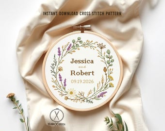 Wedding cross stitch pattern, personalized floral wreath, anniversary, wedding gift DIY, digital PDF