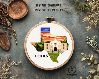 Texas Cross Stitch Pattern, The Alamo, State Map, Modern Embroidery Design (PDF Download)
