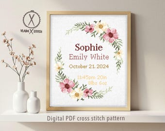 Patrón de punto de cruz para anuncio de nacimiento, bebé, personalizado, decoración de habitación de niña, contado, gráfico, regalo DIY, PDF digital