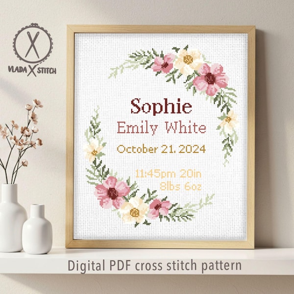 Patrón de punto de cruz para anuncio de nacimiento, bebé, personalizado, decoración de habitación de niña, contado, gráfico, regalo DIY, PDF digital