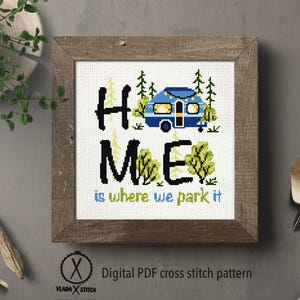 HOME is where we park it Modernes Kreuzstichmuster, Natur einfach Wald, Stickmuster, Wald, Stickmuster, PDF herunterladen