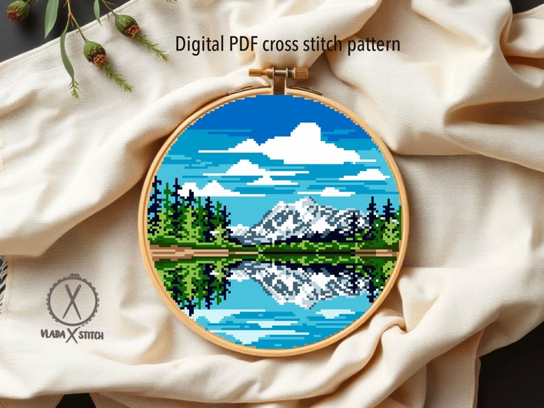 North Cascades National Park Modern Cross Stitch Pattern, mountain, lake, forest, instant download PDF image 3