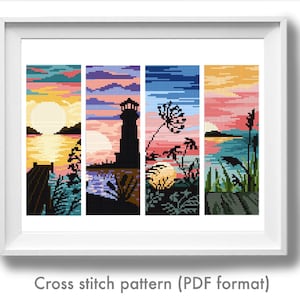 May include: Cross stitch pattern featuring four different sunset scenes with a lighthouse, water, and plants. The pattern is in PDF format.