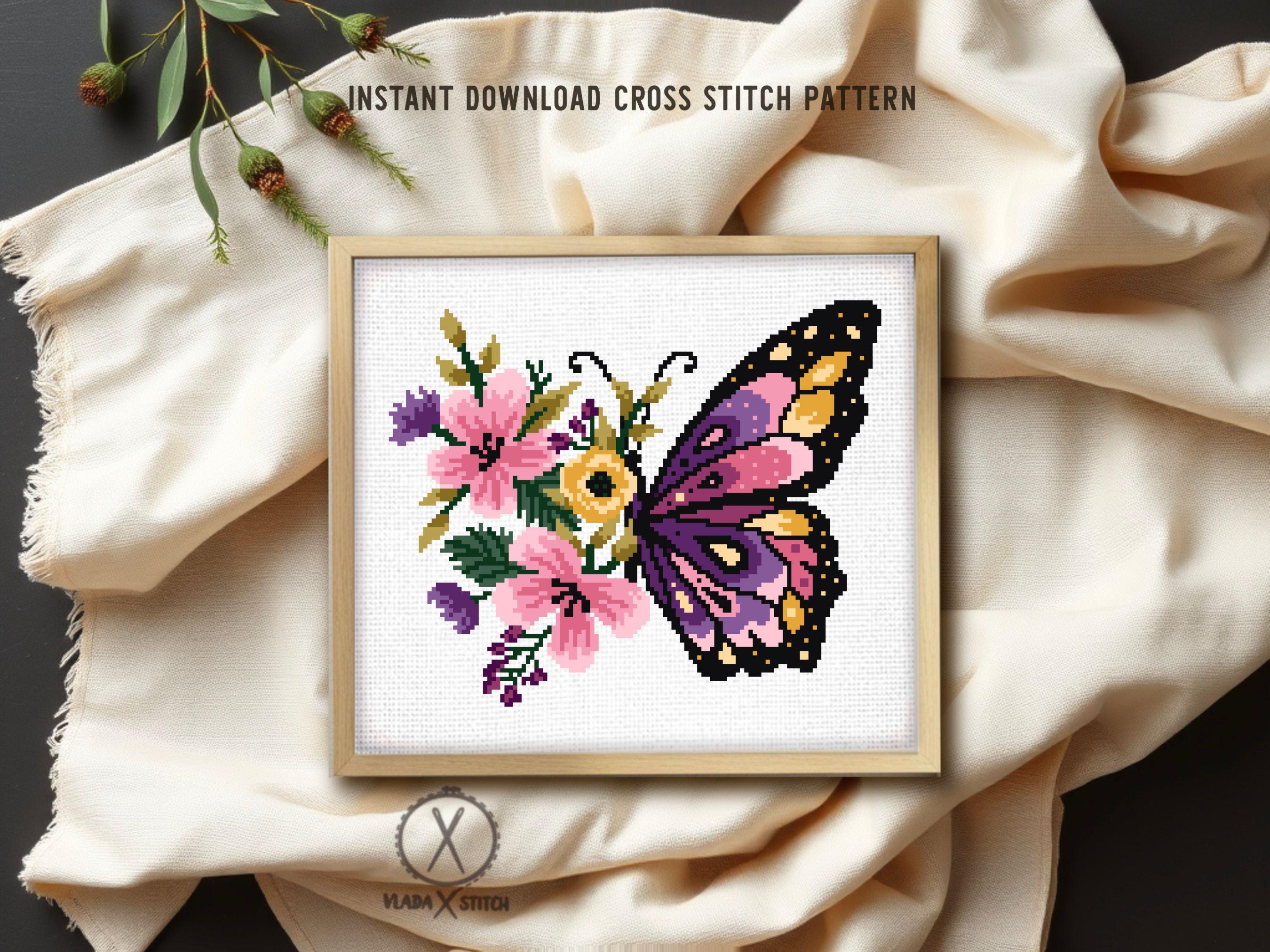 蝶の花の刺繍デザイン、簡単モダンなクロスステッチ、DIYホーム
