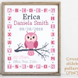 Patrón de punto de cruz moderno para anuncio de nacimiento, bebé, personalizado, decoración de guardería para niña, búho contado, gráfico, regalo DIY, PDF digital