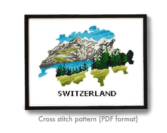 Silhouette Switzerland Modern Cross Stitch Pattern, mountains, instant download PDF