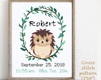 Birth announcement modern cross stitch pattern, baby, personalized, boy girl nursery decor, counted, chart, gift DIY, digital PDF