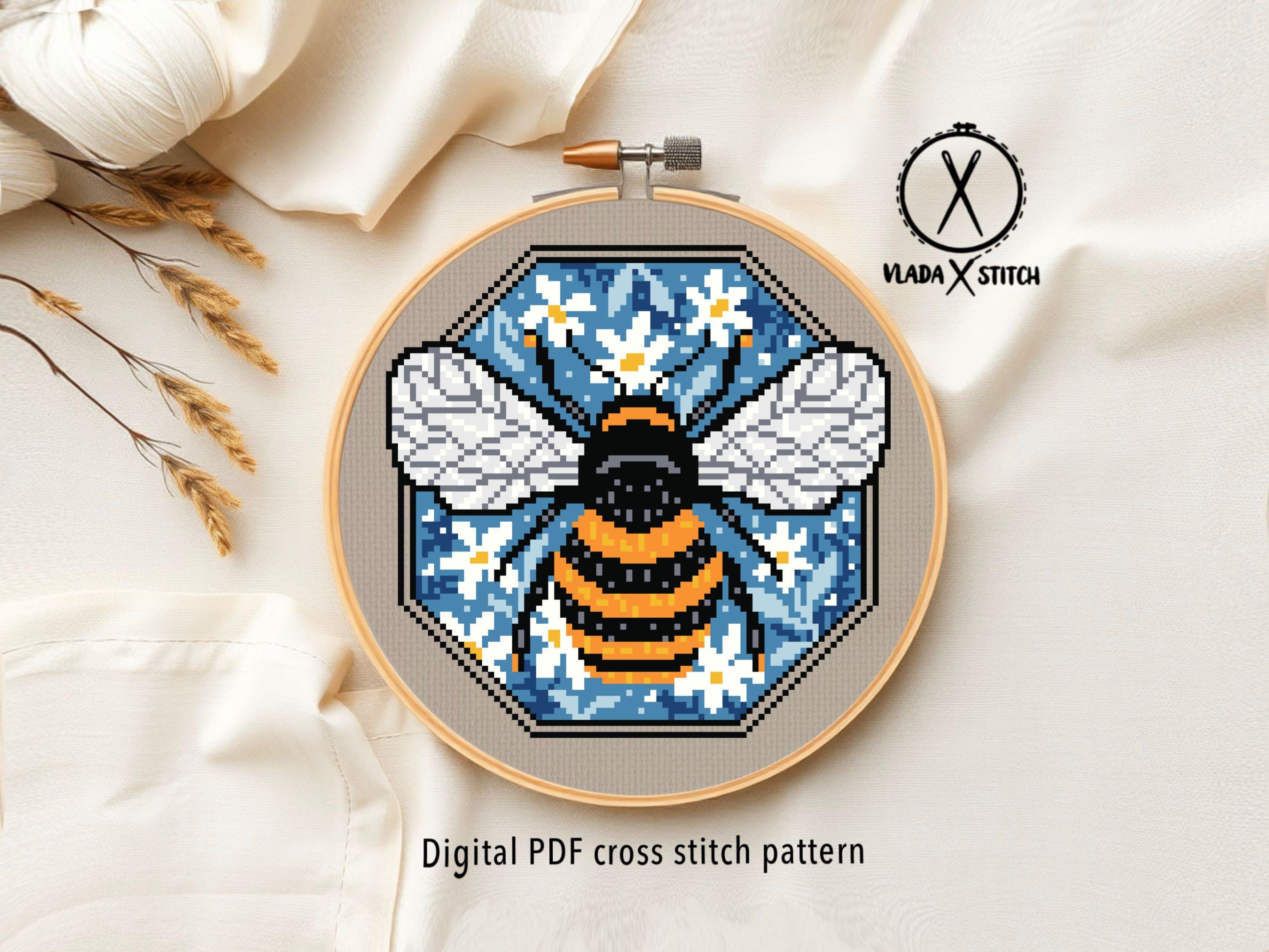 Honey Bee Cross Stitch Pattern, Modern Floral Insect Embroidery ...