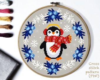 Christmas Wreath Modern Cross Stitch Pattern, penguin cross stitch chart, animals, nature cross stitch, embroidery, Instant download PDF