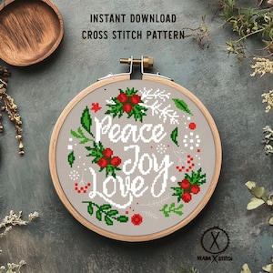 Peace Joy Love  Christmas Wreath Modern Cross Stitch Pattern, easy cross stitch , flowers , nature cross stitch, Instant download PDF