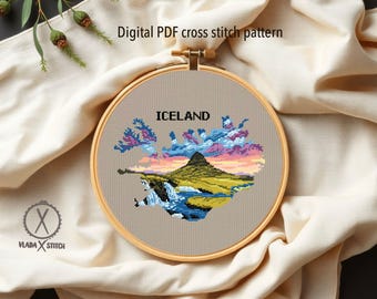 Iceland Landscape Cross Stitch Pattern, Mountain Scene Embroidery Design (PDF Pattern Downloadable)