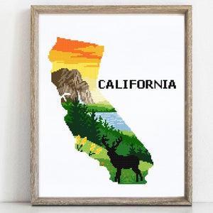 California  state  Modern Cross Stitch Pattern, Yosemite national park, nature counted cross stitch chart, mountains , deer, instant PDF