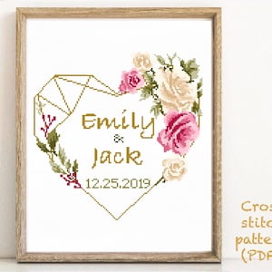 Modern kruissteekpatroon bruiloft, gepersonaliseerd, aangepast, bloemen, krans, geteld, liefde, jubileum, huwelijkscadeau DIY, digitale pdf