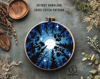 Patrón de punto de cruz "Bosque estrellado en la noche", paisaje redondo (patrón en PDF)
