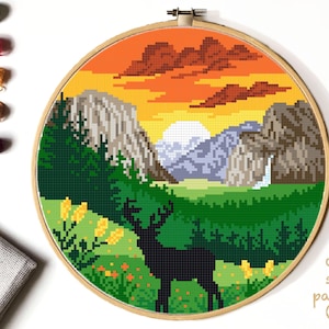 Patrón de punto de cruz moderno del parque nacional de Yosemite, gráfico de punto de cruz contado de naturaleza, paisaje, ciervo, montañas, bosque, PDF instantáneo