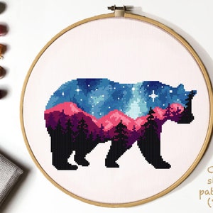 Bear Cross Stitch Pattern, mountains cross stitch, landscape, animals cross stitch chart, nature cross stitch,  embroidery, instant PDF