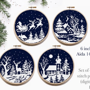 Set of 4 Winter landscapes Modern Cross Stitch Pattern, Christmas, instant download pdf