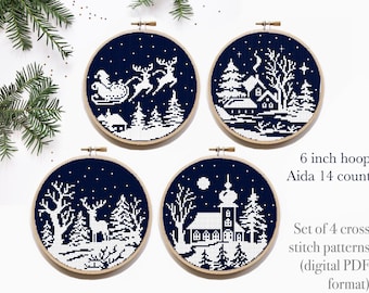 Set of 4 Winter landscapes Modern Cross Stitch Pattern, Christmas, instant download pdf