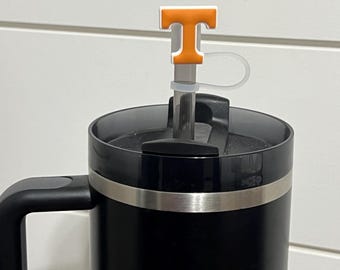 May include: A black travel mug with a stainless steel band around the middle. The mug has a black handle and a lid with a clear plastic straw. A small orange 'T' is attached to the top of the straw.