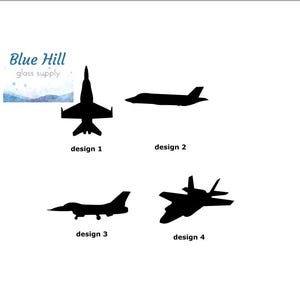 May include: Black silhouette designs of four different airplanes on a white background. The designs are labeled 'design 1', 'design 2', 'design 3', and 'design 4'. The top left corner has the text 'Blue Hill glass supply'.
