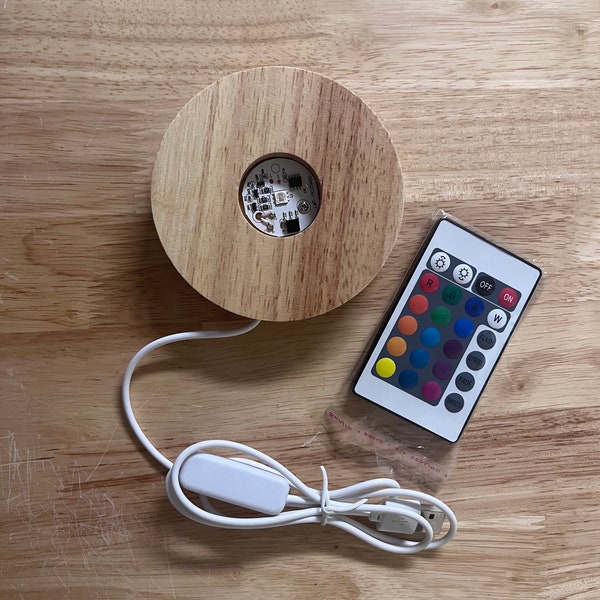 Color changing night light wood base for stained glass crafts - remote included - no usb plug - round nightlight base