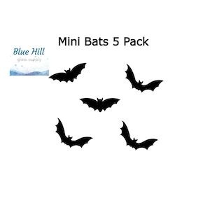 May include: A set of five black bat silhouettes arranged in a cluster. The text "Mini Bats 5 Pack" is printed in black at the top center. A logo with the text "Blue Hill glass supply" appears in the upper left corner with a blue watercolor design.