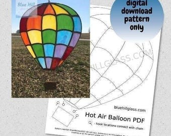 Wzór witrażu z balonem na ogrzane powietrze – Tylko do pobrania w wersji cyfrowej – Witraże DIY – Mozaika z balonów – Fantazyjna sztuka – Wzory szklane