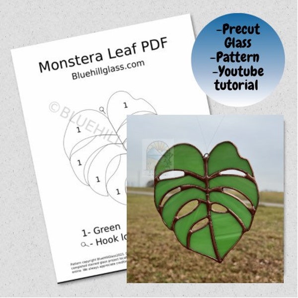 Monstera Leaf Precut Stained Glass Making Kit - Includes Glass, Pattern, Video Tutorial and Materials List - Stained Glass DIY - Leaf Mosaic