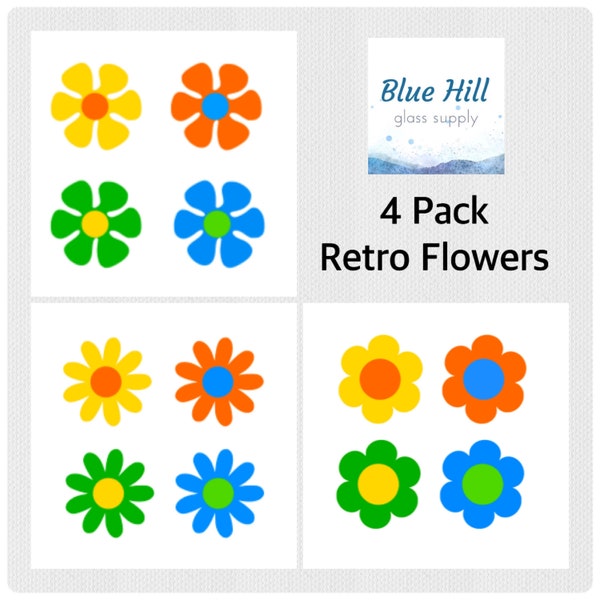 Retro Flowers 4 Pack Fusible Glass Precut - 96 COE - 90 COE - For fused glass - Stained Glass - Mosaic Art - Spring Precut Pack